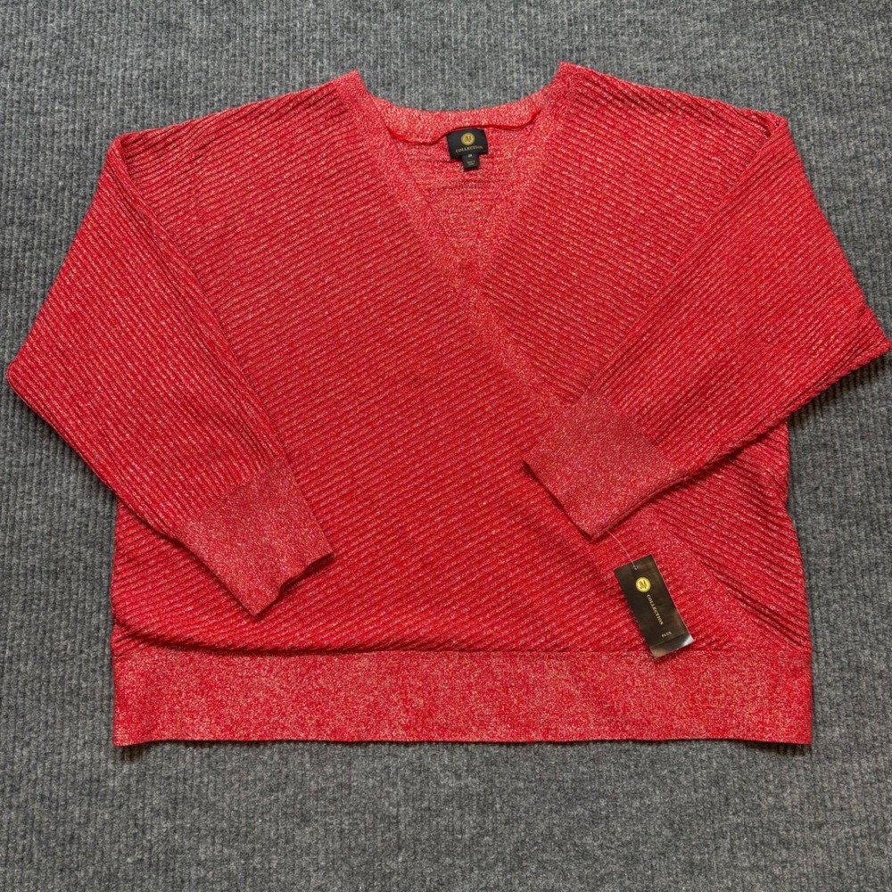JM Collection Sweater Womens 2X Red Metallic Ribbed V Neck Plus Holiday Glam